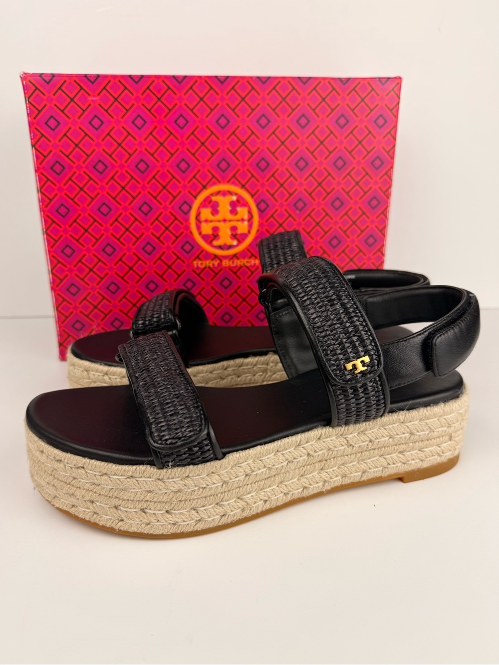 Tory Burch Diego Sport Espadrille Sandals Perfect Black Raffia Platform 8 READ